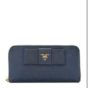 Prada Navy Blue Saffiano Fiocco Bow Zip Around Wallet Bluette